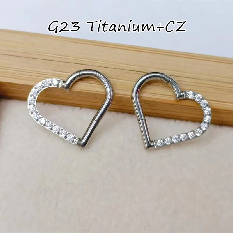 

10pcs/Lot G23 Titanium Heart CZ Nose Seamless Hinged Segment Ring Clicker Ear Cartilage Helix Body PiercingTragus Hoop Septum