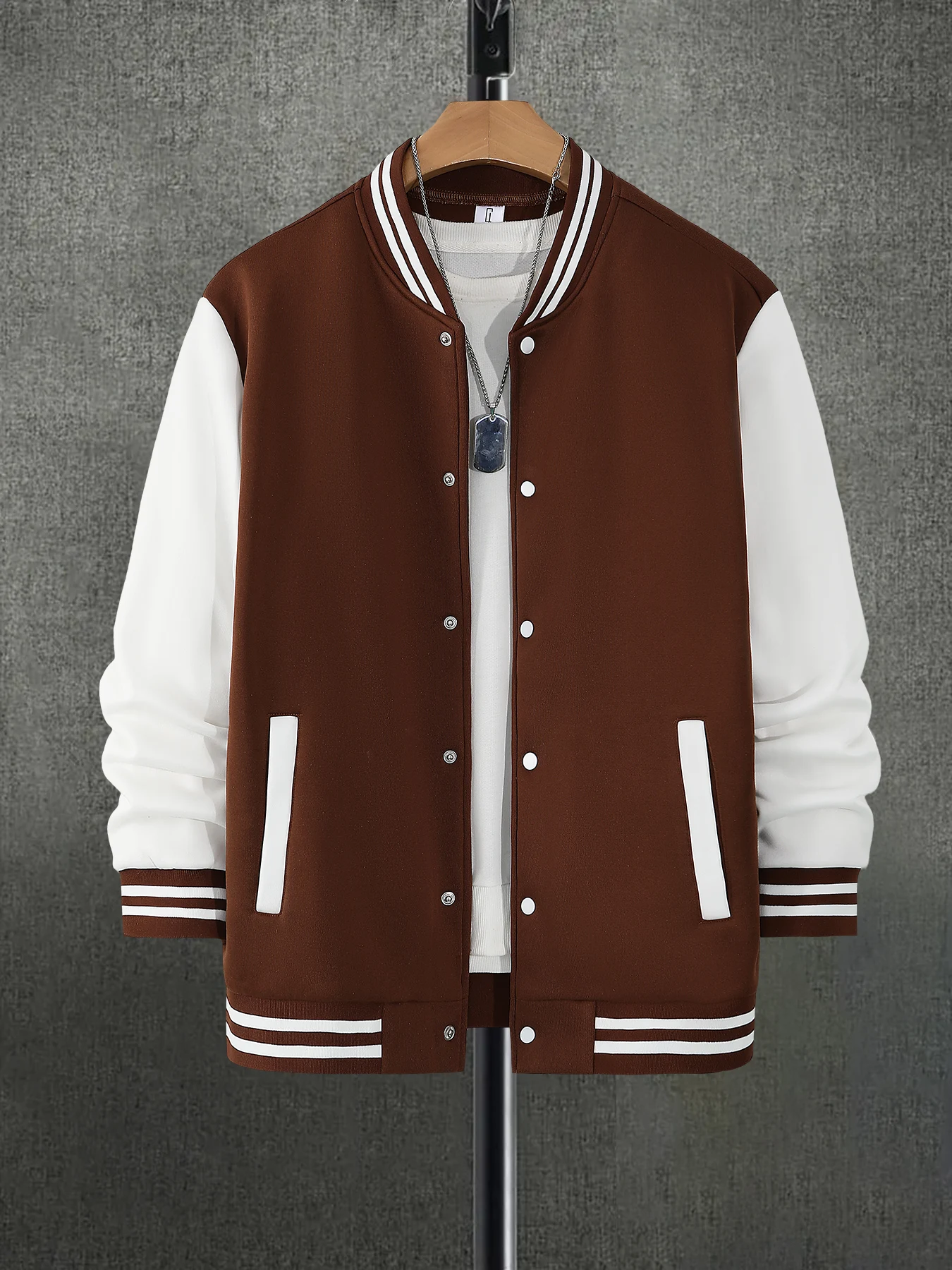Men's Coffee White Colorblock Baseball Jacket Spring Fall Streetwear Loose Varsity Coat