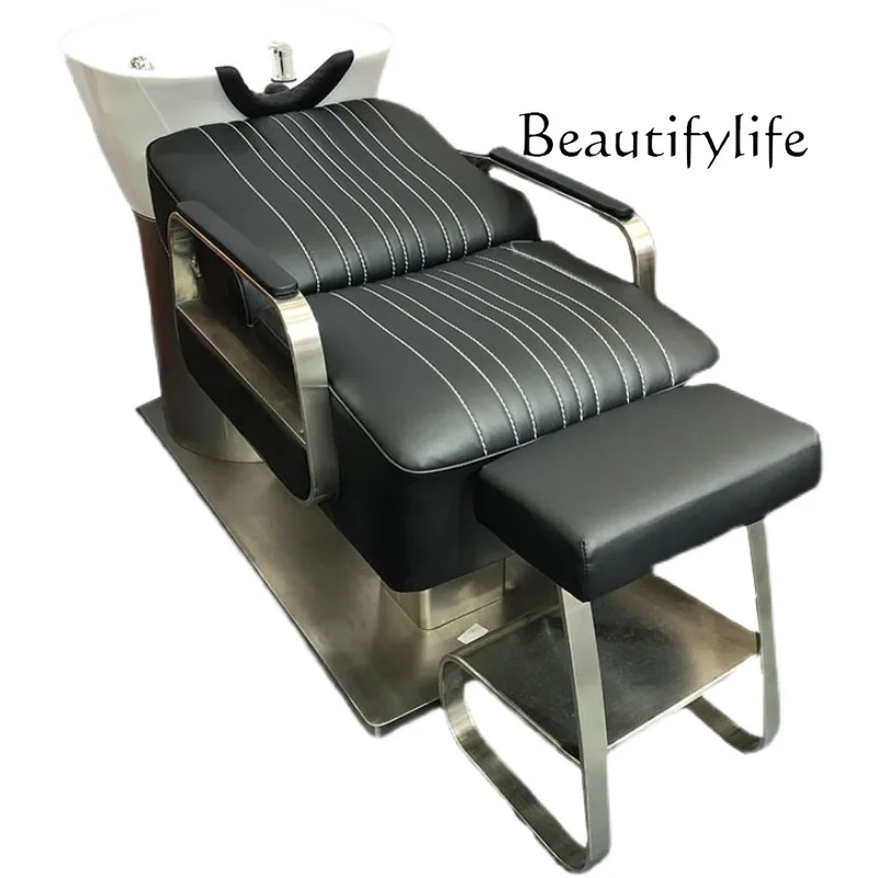 Half-lying shampoo bed Special Japanese stainless steel flushing bed for barber shop Simple hair salon shampoo bed