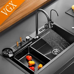 VGX-fregadero de cocina individual multifunción, fregadero grande con pantalla Digital, grifos Gourmet, lavaplatos de tazas, fregadero de acero inoxidable 304