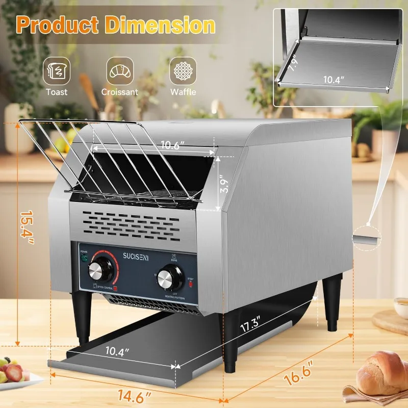 Commercial Toaster 300 Slices/Hour 1900W Heavy Duty Industrial Conveyor Toaster Stainless Steel Electric Oven with Dual Heating