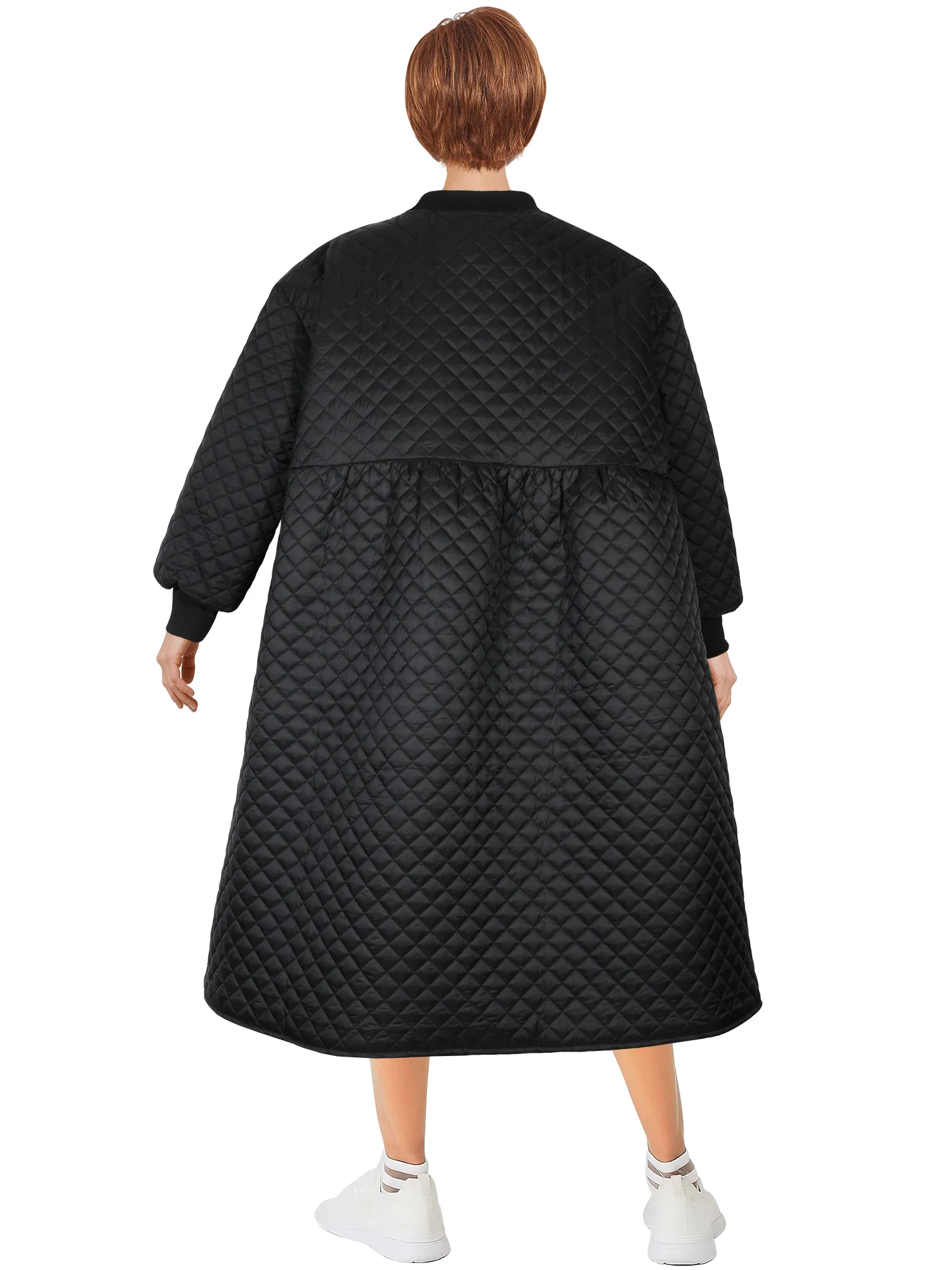 Puff Piece Black Dress Literary Solid Round Neck Large Swing Lantern Sleeve Cotton Coat