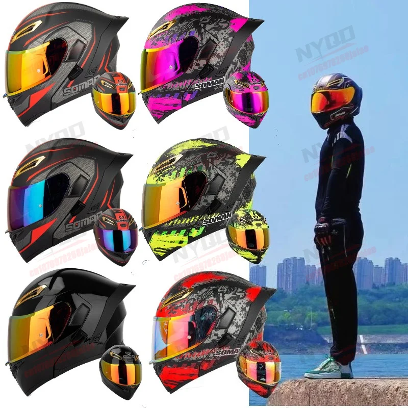 

Motorcycle Riding Helmet, Men's and Women's Full Face Helmet, Color Dual Lens Flip DOT Helmet, Available in Multiple Colors