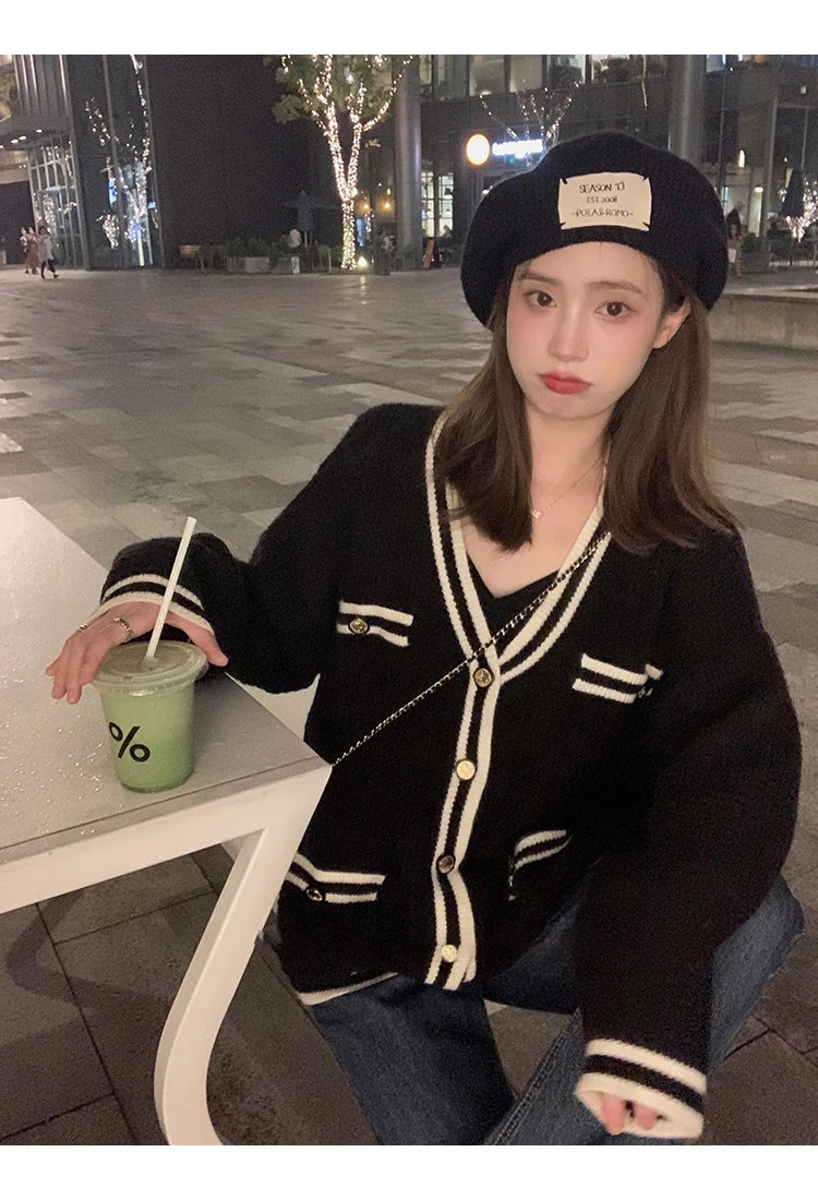 Cárdigan de mujer con botón pulido, bolsillo frontal falso, cuello en V, suéter de punto de una sola botonadura, abrigo, traje elegante de Otoño Invierno