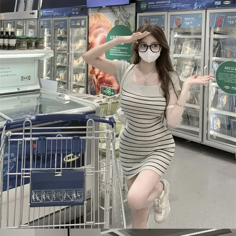 Women Dress Casual Pure Color Contrasting Square Neck Striped Short Sleeved T-shirt Knitted Dresses Summer Vestidos