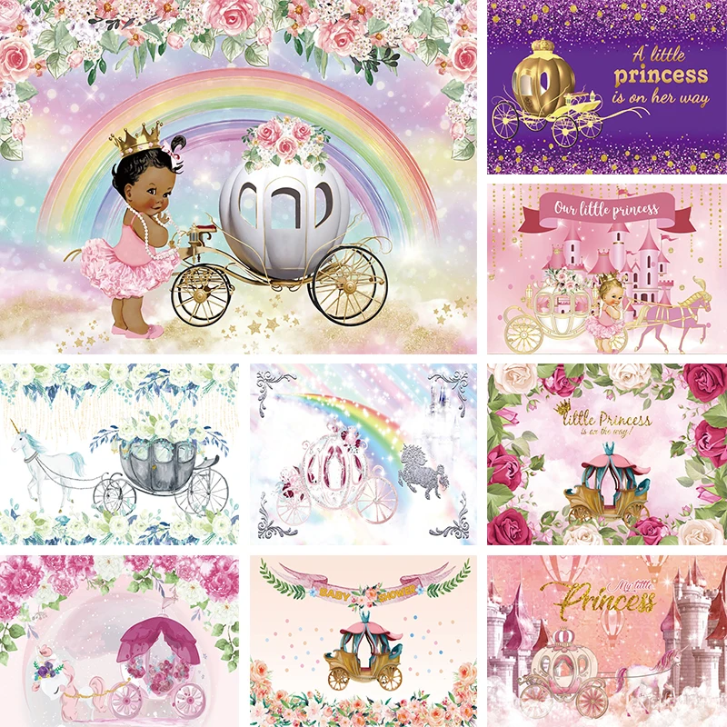 Princess Carriage Backdrop for 1st Birthday Party Decorations One Year Sweet Baby Girl is On The Way Photography Background Prop