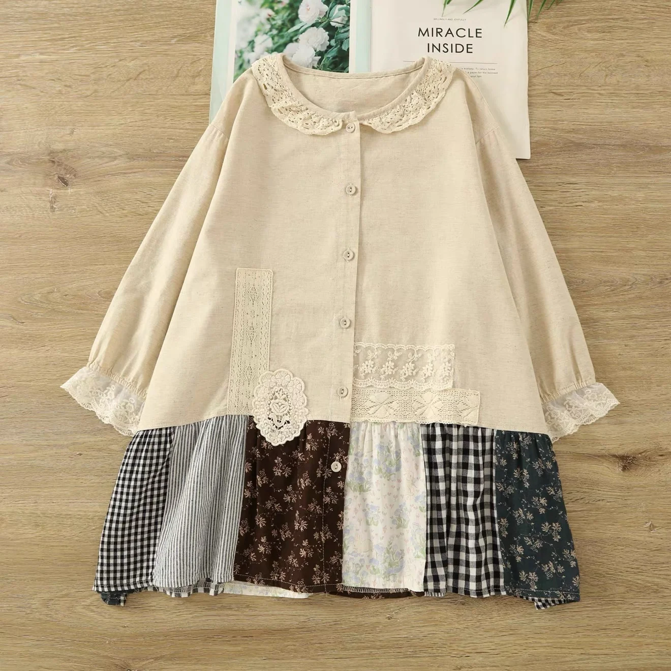 

2026 Women's Patchwork Cotton Linen Blouse Mori Girl Summer Japanese Style Lace Peter Pan Collar Long Sleeve Casual Tunic Top