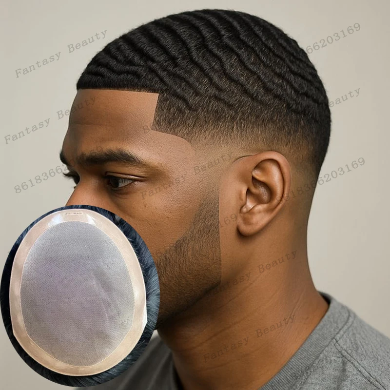 

Черный парик-накладка из натуральных европейских волос с афро-стрижкой, глубокая волна 8/15 мм, с естественной линией роста волос, суперпрочный моно-тупе