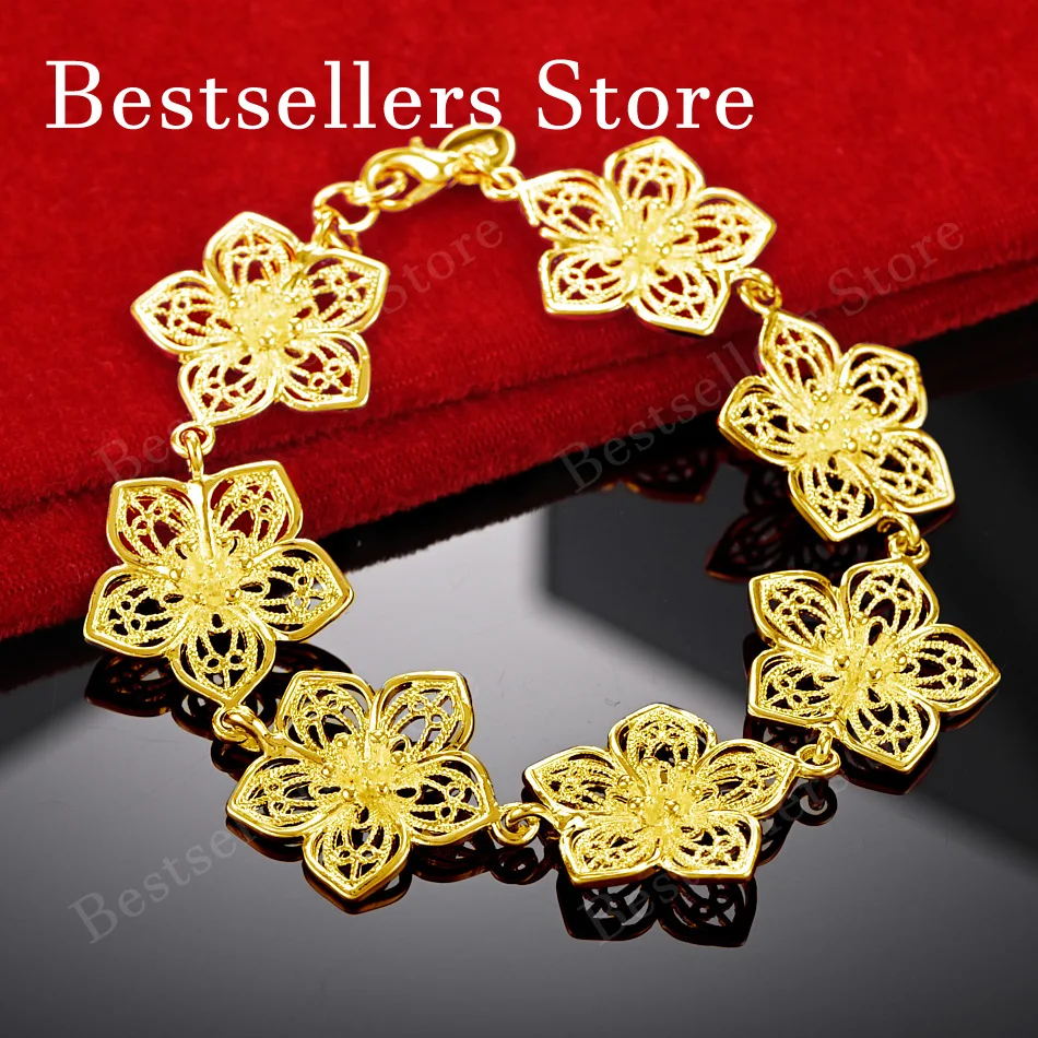 925 Sterling Silver 18K Gold Plated Exquisite Openwork Flower Bracelet Fashion Women's Fashion Wedding Party Jewelry