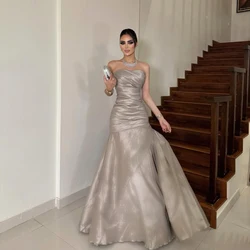 Customized Aline Grey Strapless Satin Pleat Evening Gown Criss-Cross Sleeveless Floor Length Backless Party Prom Dress For Women