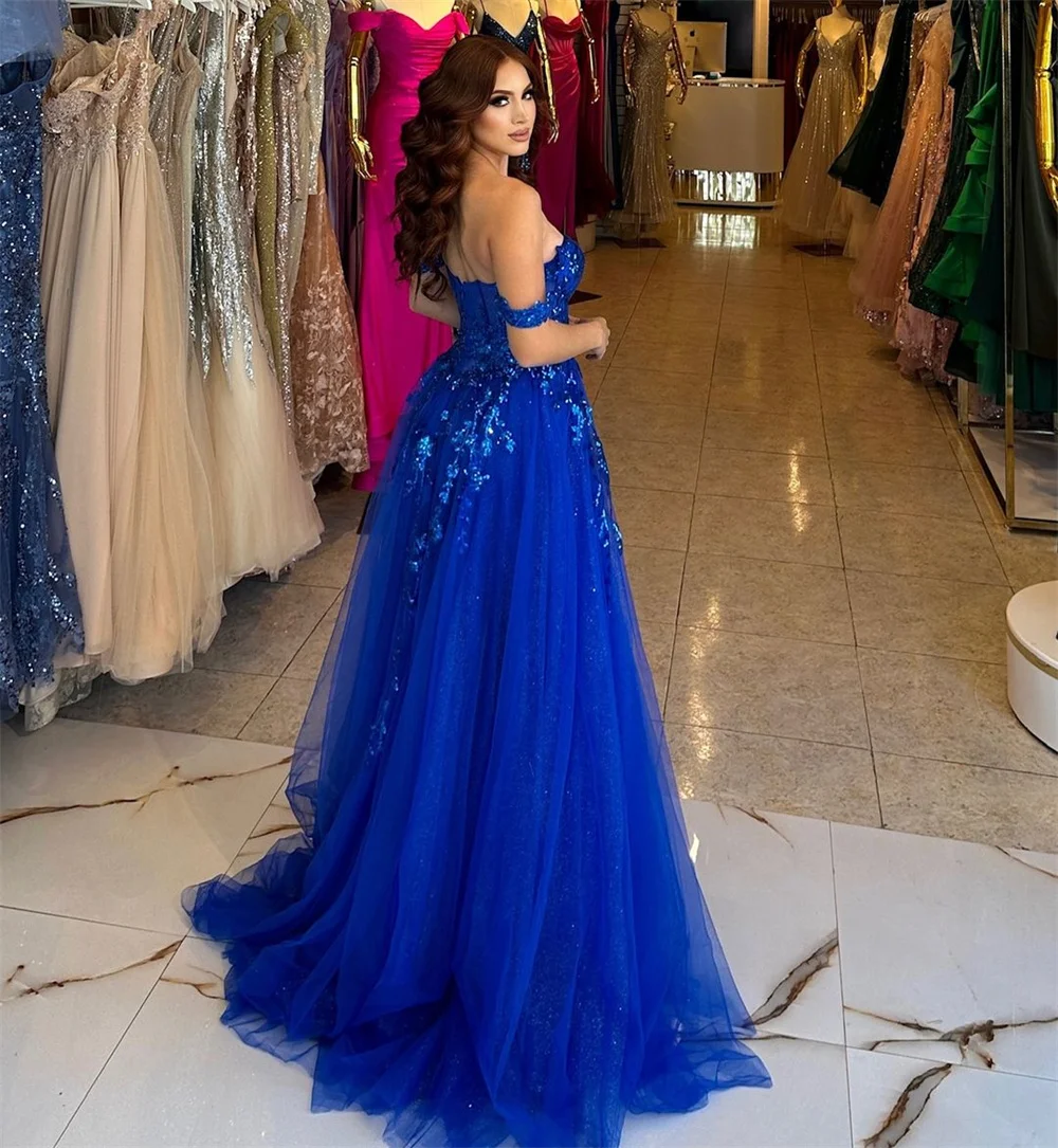 Tulle Off-the-Shoulder Sweetheart Prom Dresses With Split Lace Appliques Sleeveless Formal Ball Gowns A-line Long Evening Party