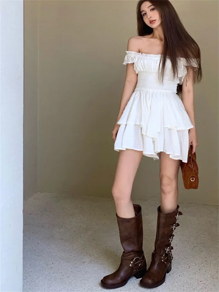 White Off Shoulder Short Sleeved Vest Dress for Women Summer Sweet Spicy Pleated Ruched Waist Boho Short Dresses Tank Dress