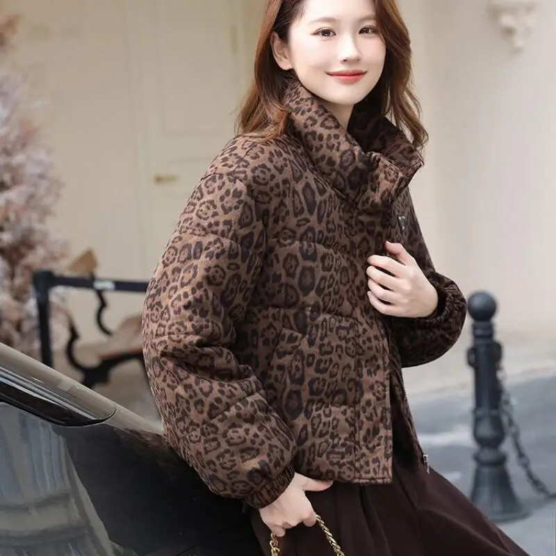 

Women's Coat winter autumn Jacket Outerwear Warm Fleece Lined Leopard Down Quilted Short Fashion Thick Stand Collar Puffer Coat