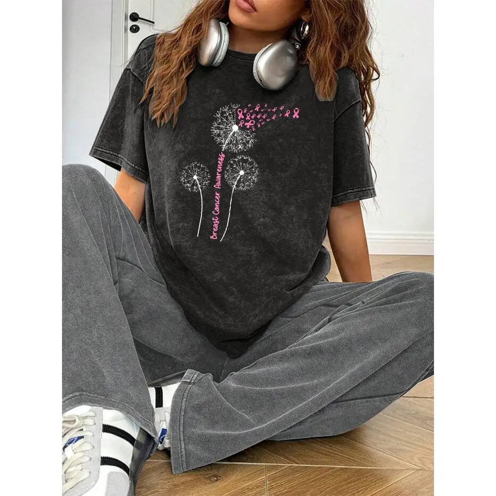 

Vintage Washed Breast Cancer Awareness T-shirt, Pink Ribbon Graphic Tee, Oversized Floral Dandelion Tops for Women