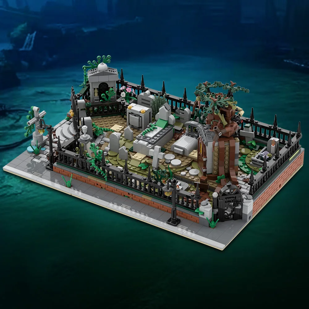 MOC – cimetière modulaire MOC et côté caché 70420, ensemble de blocs de construction sur support, briques de cimetière de forêt, jouet assemblé, cadeau pour enfants