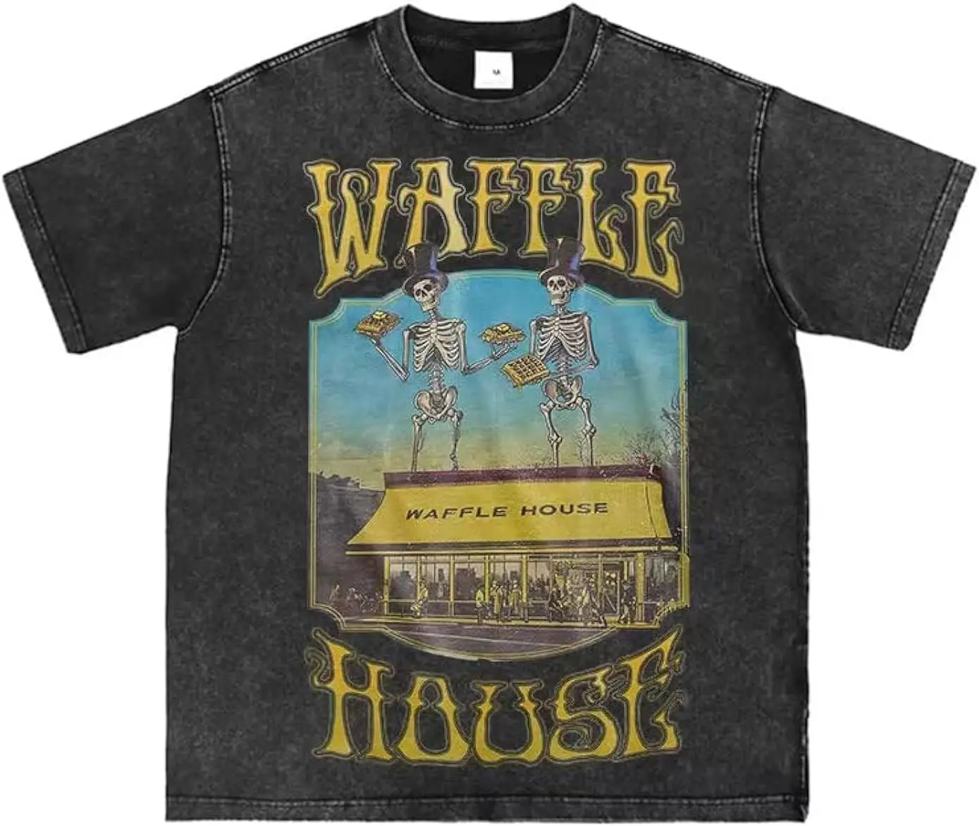 

Bellelement Waffle House Vintage Acid Wash T-Shirt Hip Hop Tee Tops