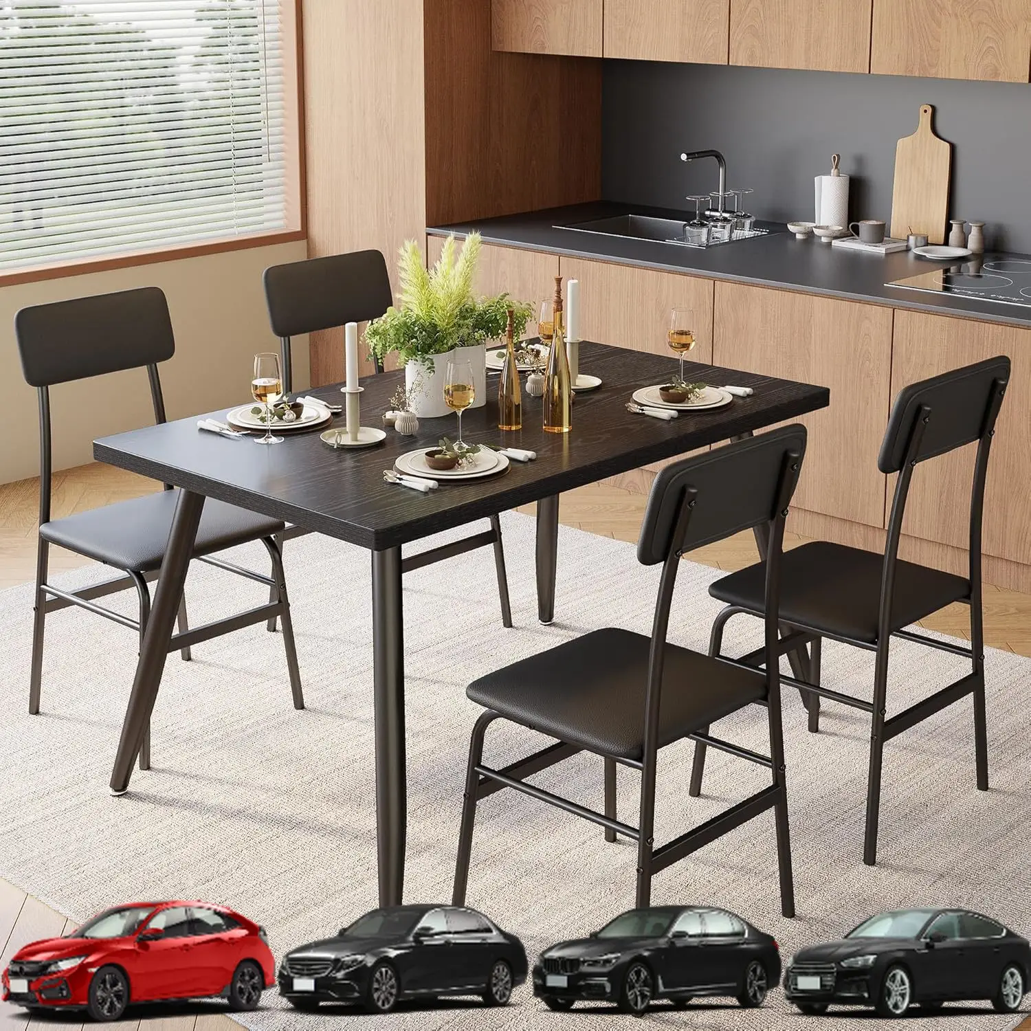 

Gizoon 5 Piece Dining Table Set for 4, Modern Metal & Wood Kitchen Dinner Table with 4 Chairs, Space-Saving Dining Room Furnitur