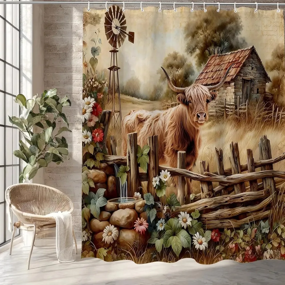 Rustic Highland Cow Windmill Shower Curtain, Farmhouse Western Cattle Waterproof Fabric Curtain
