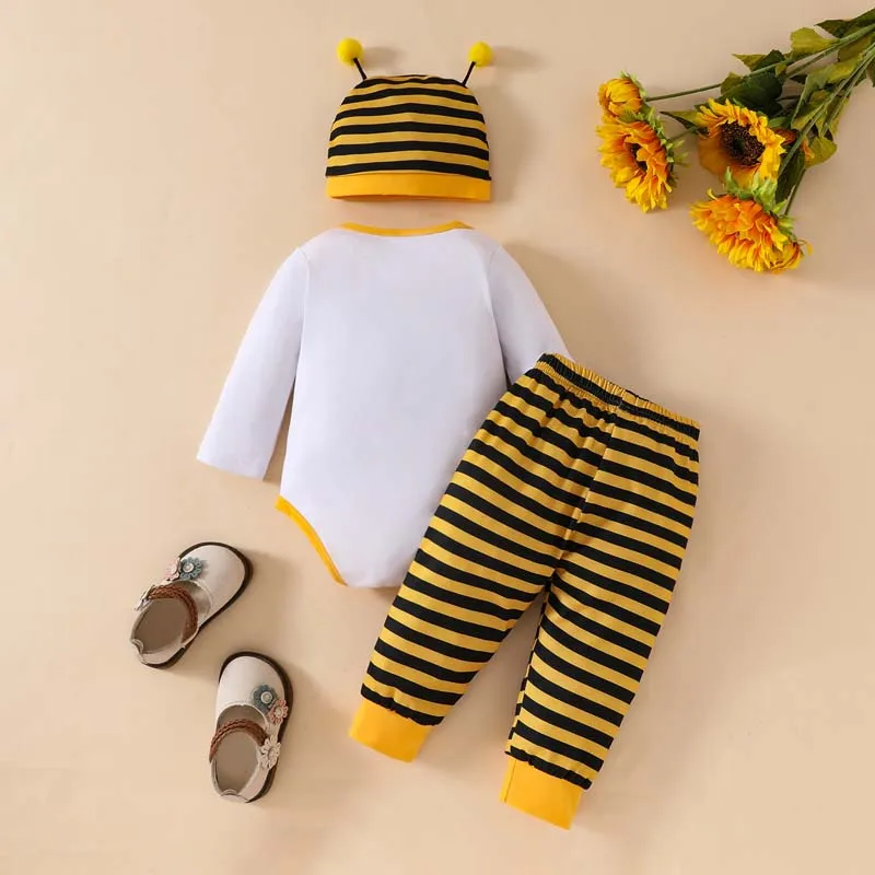 3 pçs bonito meninos bebê meninas conjunto de manga longa abelha carta bodysuit onesies calças listradas chapéu conjunto roupas de bebê