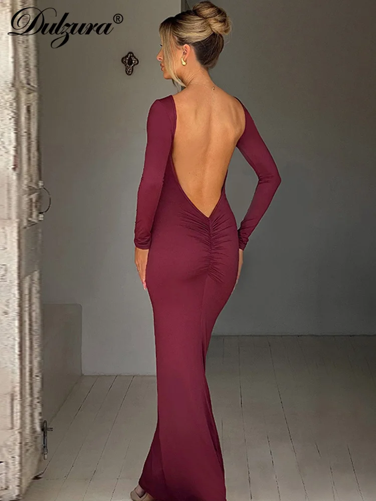 Dulzura Solid Backless increspato 2023 autunno inverno Maxi vestito da donna abbigliamento Sexy elegante Body-Shaping festa di sera di compleanno