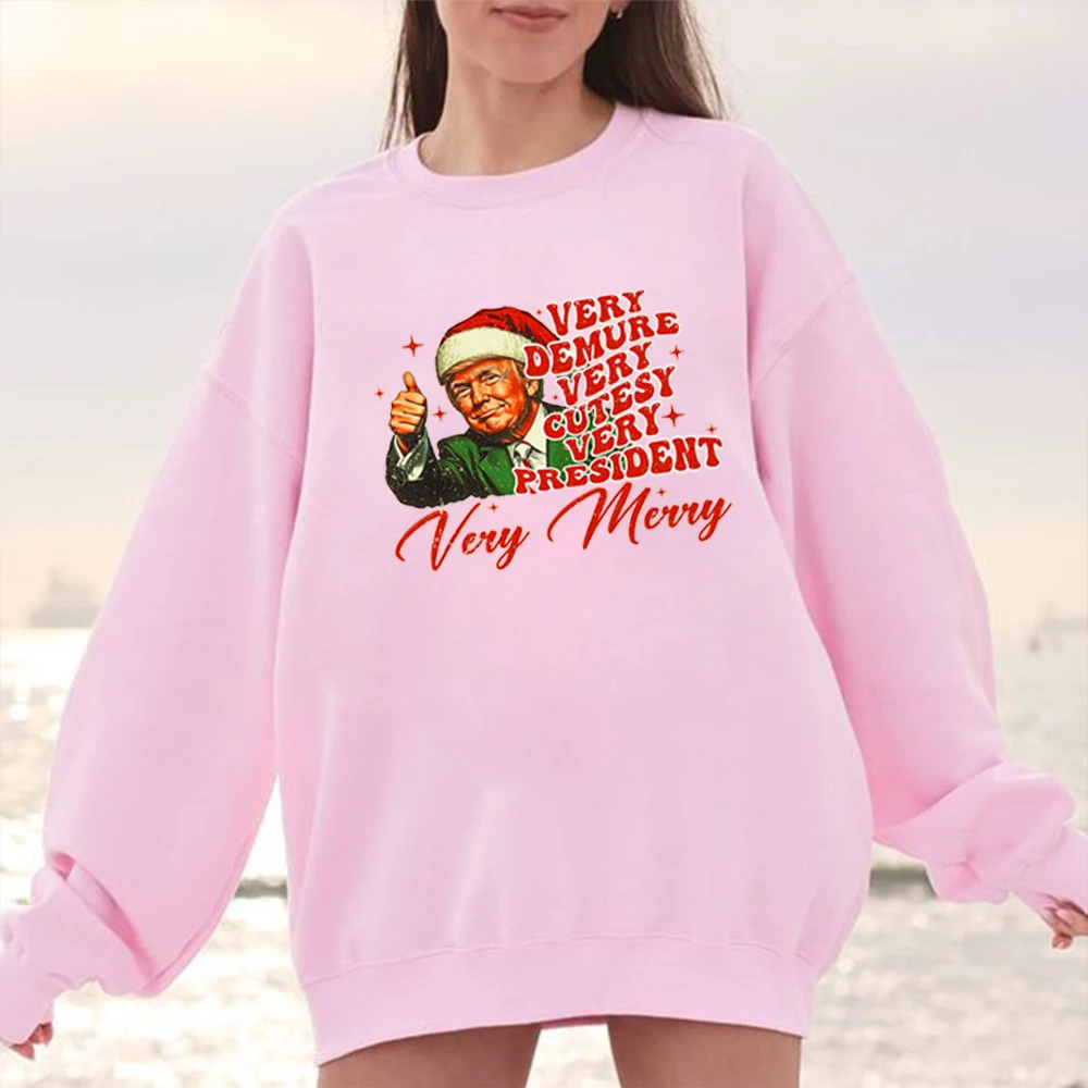 Trump very demure very cutesy very president very merry Sweatshirts Christmas costumes Cartoon Style Crew Neck Pullover