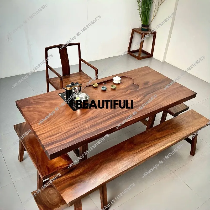 

Walnut large board solid wood chair combination office kung fu tea table new Chinese flat coffee table tea table