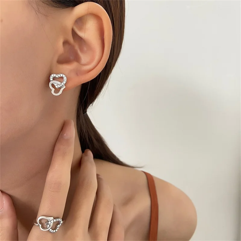 5PCS Elegance Double Heart Rhinestone Jewelry Set for Women - Includes Necklace, Earrings, and Ring