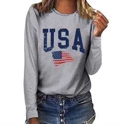 Seeyoushy USA American Flag Print 2023 Trend Crewneck Long Sleeve Women's T-shirt Y2K Aesthetic Trend Women's Tops Ropa De Mujer