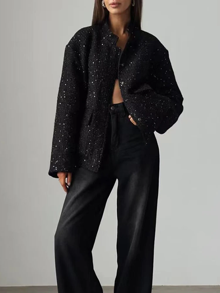 Módní flitry dámské bundy jarní podzimní stojáček s dlouhým rukávem bomber bunda černá elegantní kancelářské dámské knoflíky ležérní kabáty - náhled 3