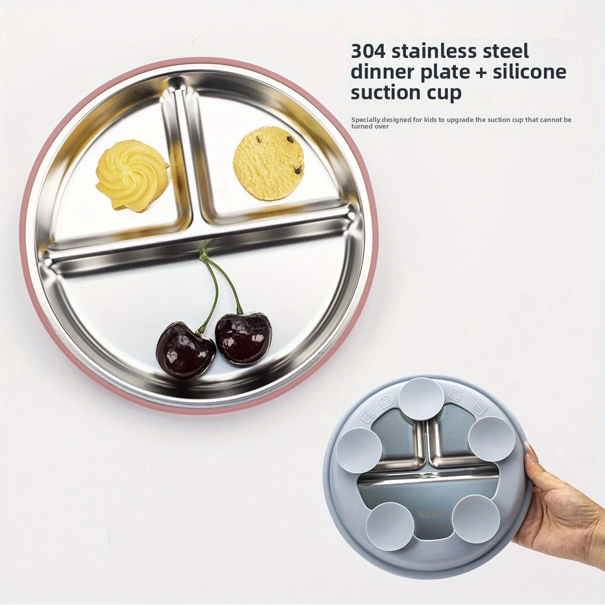 

New children's silicone dinner plate, stainless steel baby eating plate, 304 stainless steel tableware, comes with suction cup