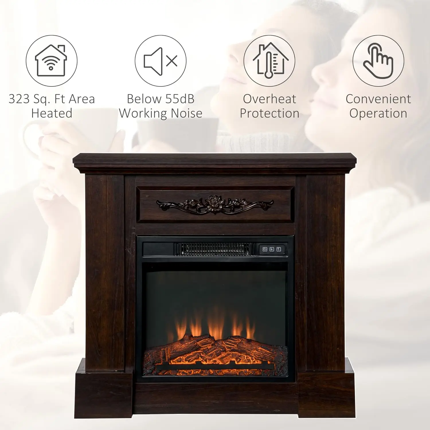 HOMCOM 32" Electric Fireplace with Mantel, Freestanding Heater with LED Log Flame, Overheat Protection and Remote Control, 1400W