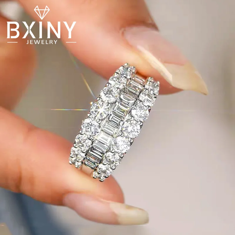 

BXINY Роскошное кольцо с высокоуглеродистым бриллиантом, 100% стерлинговое серебро S925 для женщин, изумрудное и круглое кольцо с цирконом, вечерние ювелирные изделия, подарок