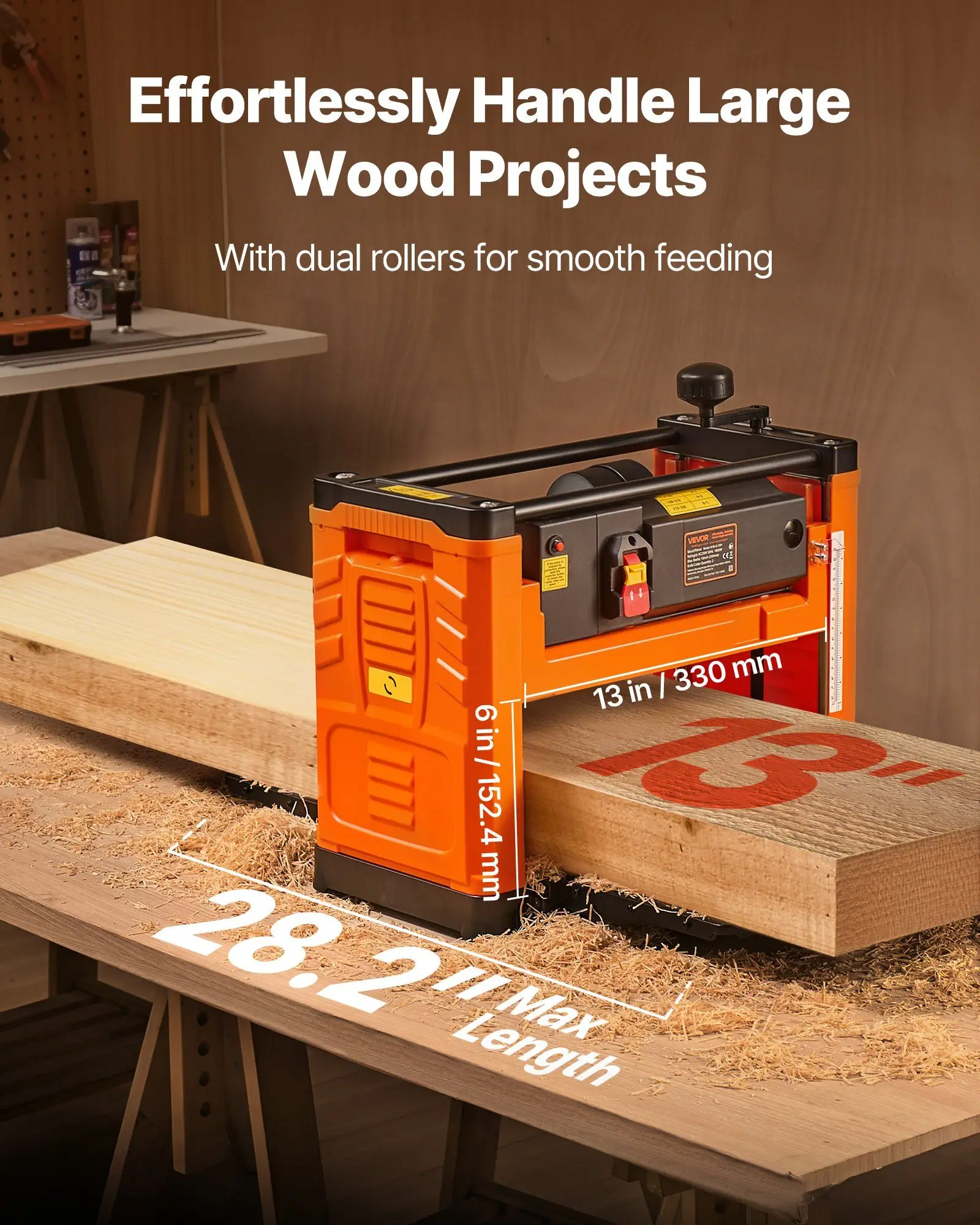 Plaina de bancada de lâmina dupla de 13 "espessura 1800W com sistema de alimentação de rolo duplo para madeira dura e madeira macia para trabalhar madeira