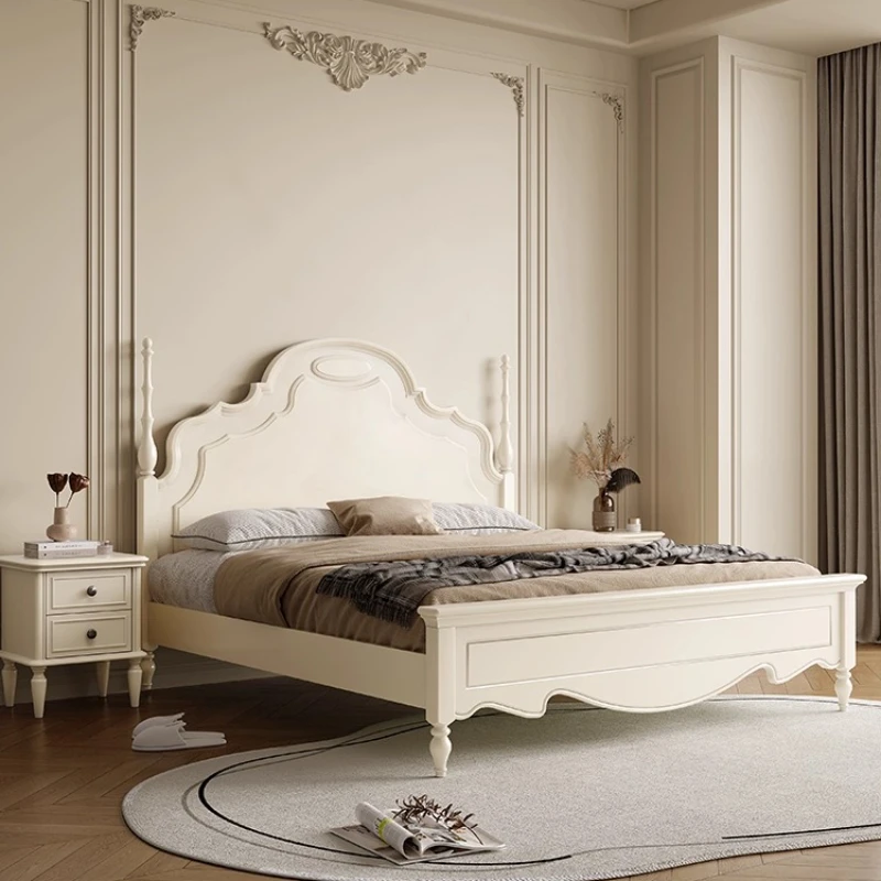 

American white all solid wood bed, modern simple double bed, master bedroom French cream style