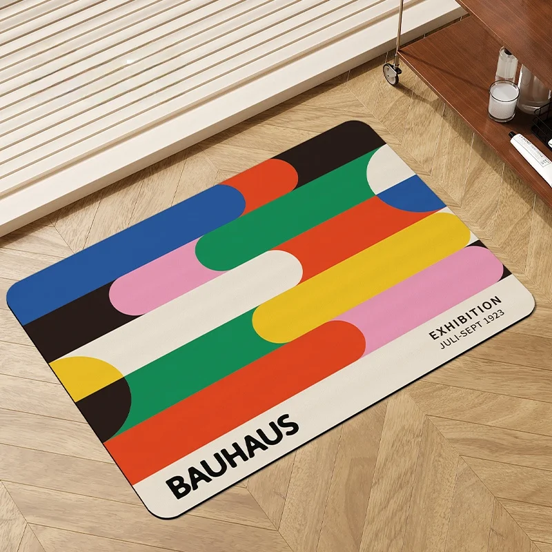 Bauhaus Geometric Color Block Bathroom Mat Water Absorbent Non Slip Toilet Home Foot Pad Luxury Minimalist Style Oval Shape