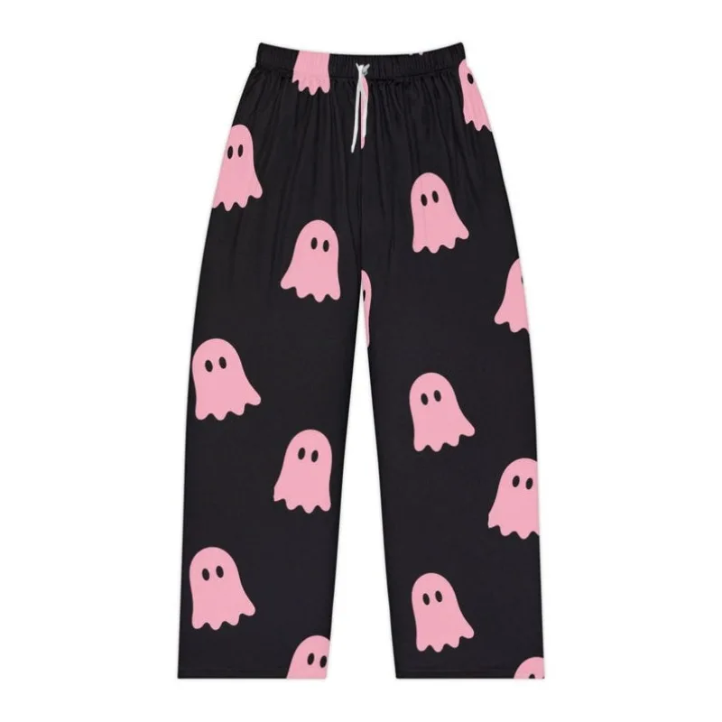 Cute Pink Ghost Printed Women's Home Pants with Halloween Atmosphere, Elastic Waist, Wide Legs, Comfortable Home Sleeping Pants