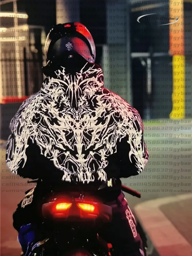 Men Street Reflective Hoodie Y2k Style Gothic Long‑sleeve Pullover Hooded Sweatshirt Loose‑fit Motorcycle Rider Night Outing New
