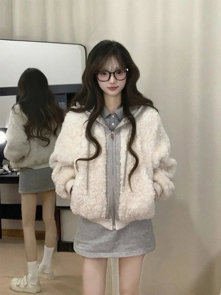 

Korean Sle Hooded Jaet And ort Skirt Two-Piece Set for Women Autumn Winter New Warm Polyester Fiber Long Sve Zipper