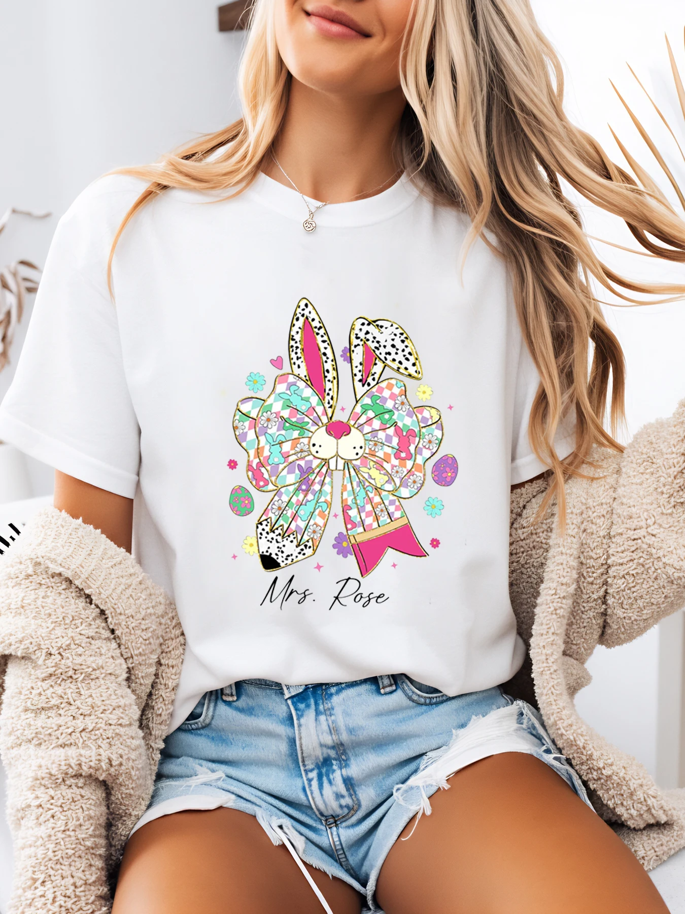 

Easter Bunny Bow Print Mrs Rose t Shirt Easter Women Casual Wear White Plus-Size