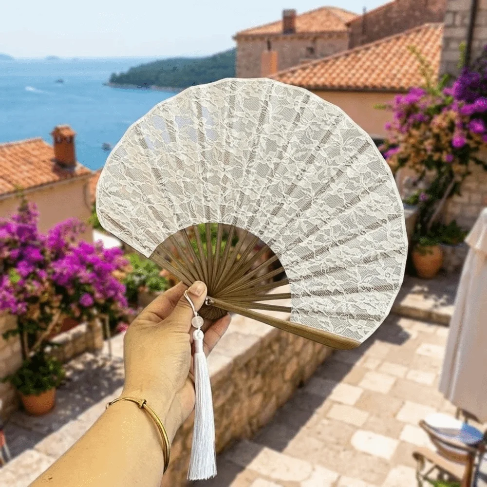 Creative Vintage Folding Hand Fan Handmade White Lace Shell Fan with Tassels Delicate Handheld Fan Gift Giving
