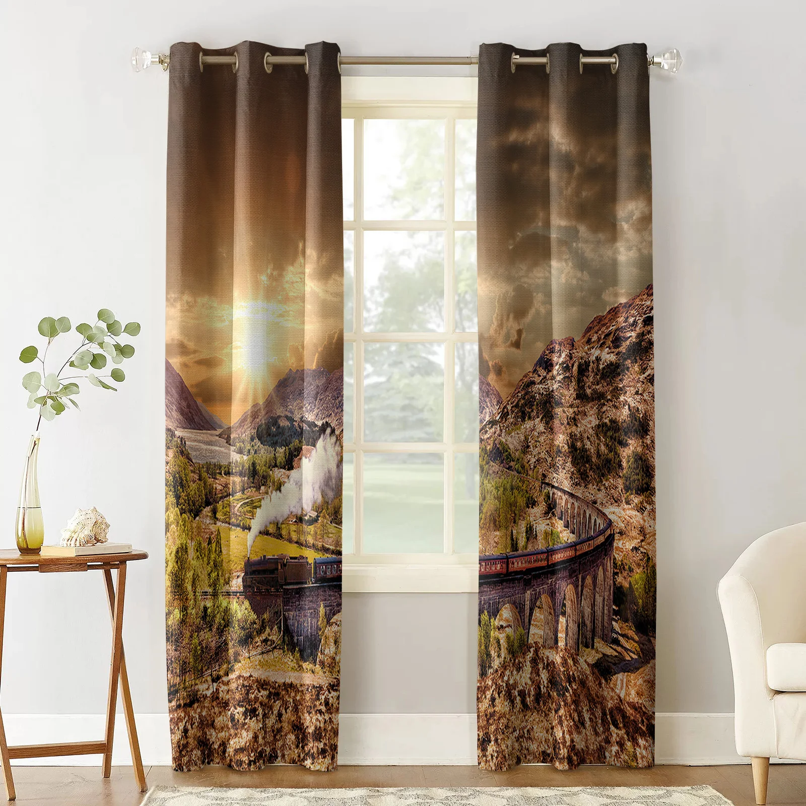 Old Train Steam Morning Light Valley Bridge Railway Curtain for Living Room Kids Room Decoration Bedroom Curtain Window Drapes