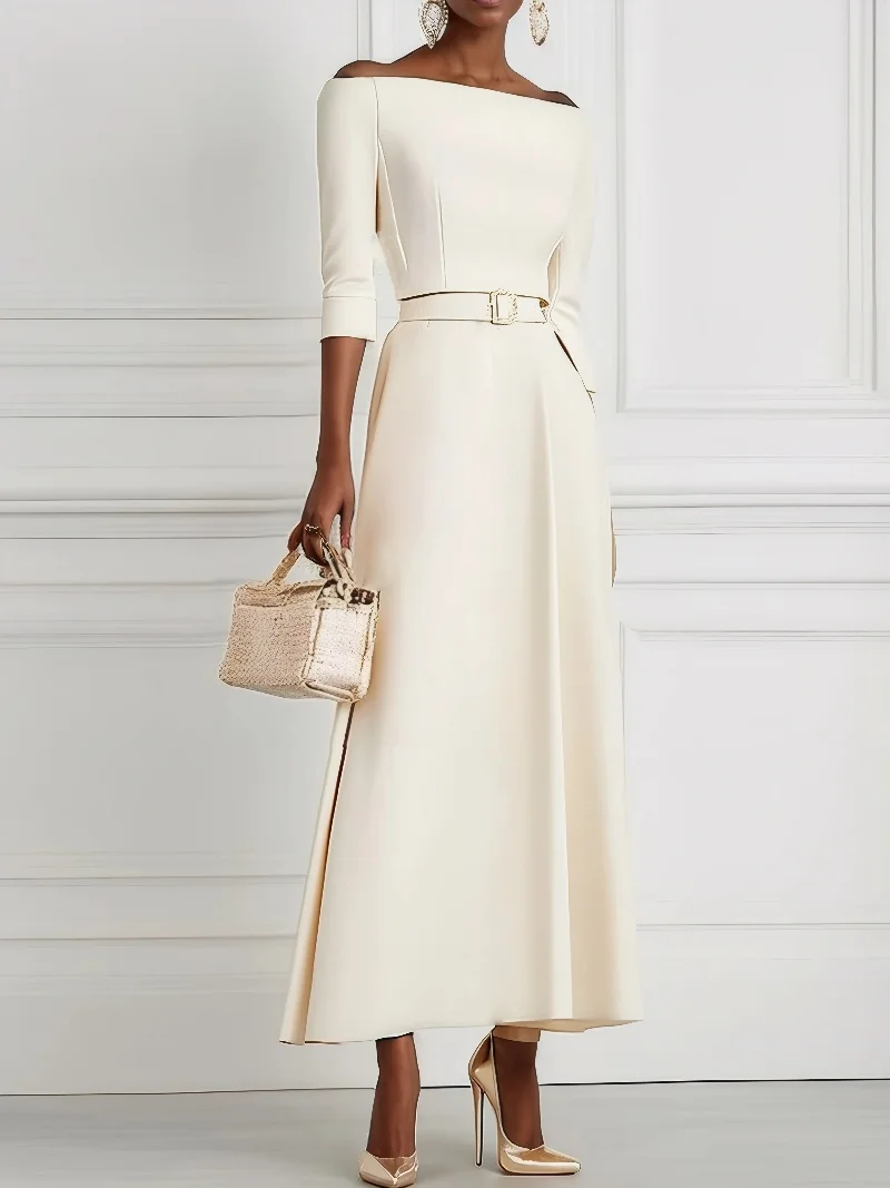 Damen Off-Shoulder Kleid mit Dreiviertelärmeln und Gürtel, A-Linie Midi-Kleid, Elegantes Abendkleid für Partys und Bälle mit Hoher Taille