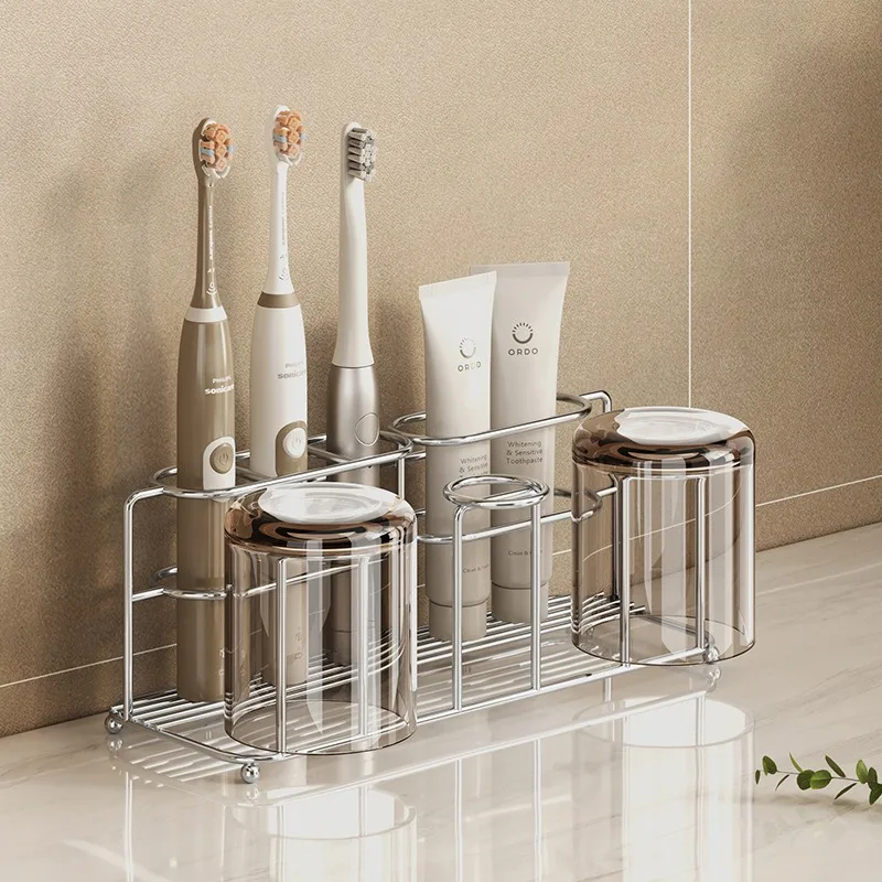 Wall Mounted Stainless Steel Bathroom Shelf Punch Free Installation Holder for Toothpaste Electric Toothbrush And Mouthwash Cup