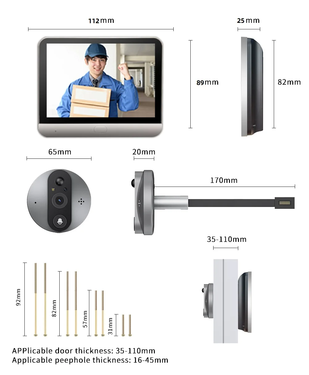 Wi-Fi Video Doorbell Camera, Peephole Eye Door Bell, Casa Inteligente, Tela IPS HD, Noite PIR Chamada Sem Fio, 2 Way Talk, 3MP, 4,3\