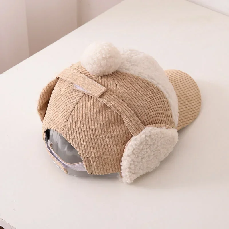 Corduroy Children Fall Winter Hats with Ear Flaps Plush Baseball Cap for Kids Cute Pompom Boy Girl Winter Cap 3-8 Years