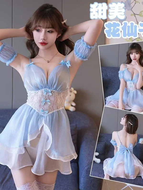 lingerie sexy suspender with deep V-shaped waist transparent pearl light soft gauze cute maid uniform dress blue white IX1A