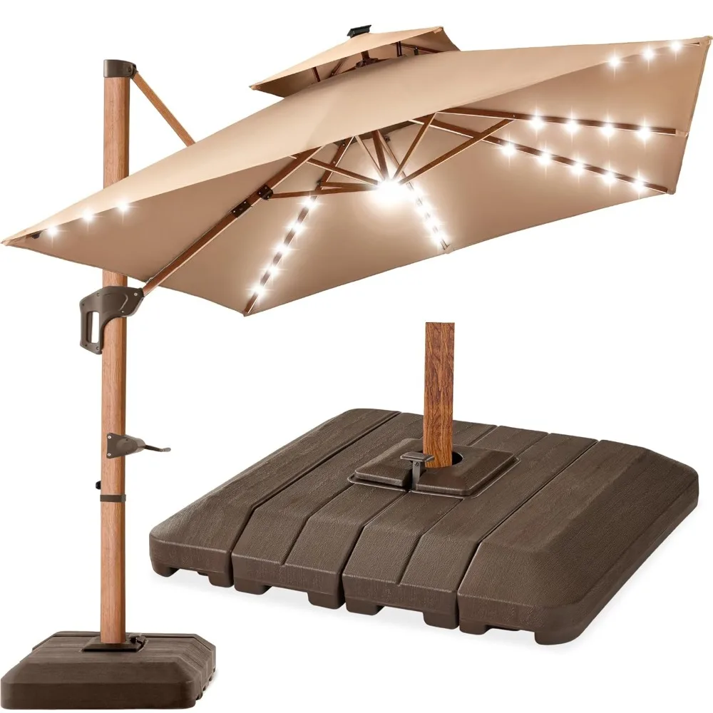 

10ft Square Cantilever Patio Umbrella W/Base Included, Woodgrain Pattern Pole & Solar LED Lights, 360-Rotation, Customized