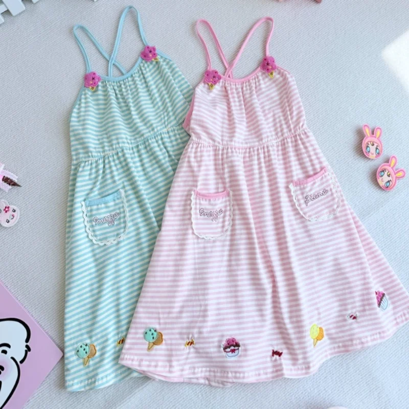 Cute Cotton Embroidered Dress Women's Sweet Suspender Striped Dress Vestidos De Mujer Backless Cartoon Striped Summer Dresses