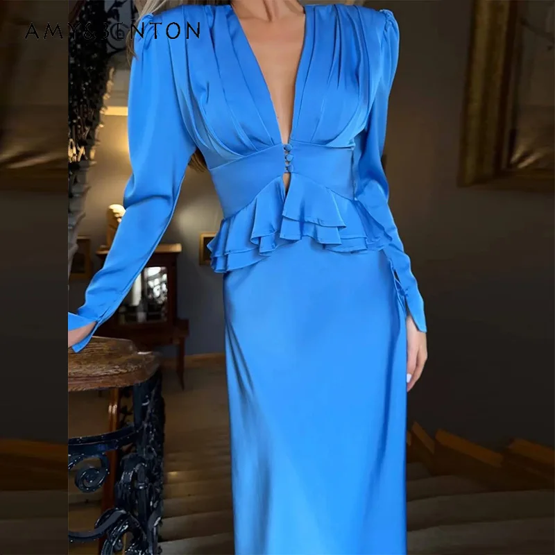 

2026 Spring New Women's Set Elegant Royal Blue V-neck Long Sleeve Ruffle Top Waist-cinching Slit Long Skirt 2-piece Sets Ladies