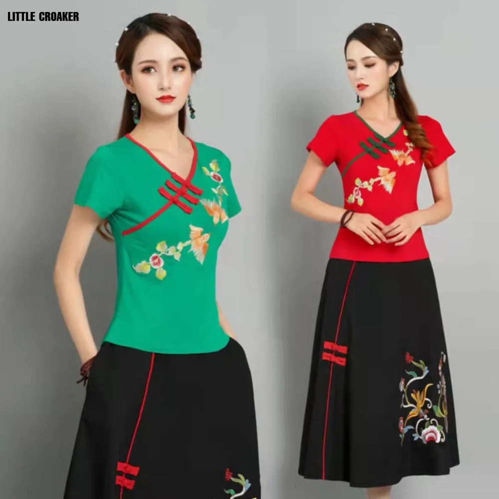 Cotton Linen Traditional Chinese Vintage Cheongsam Tops Embroidery Women O-neck Loose Style Clothing Retro Skirt Outfits